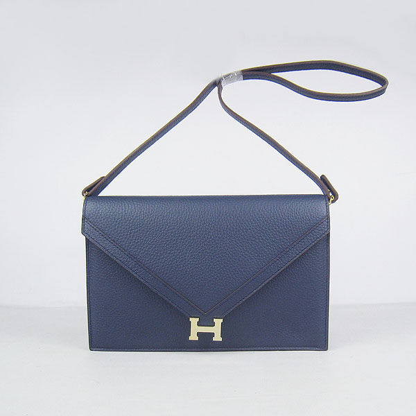 7A Hermes Togo Leather Messenger Bag Dark Blue With Gold Hardware H021 Replica - Click Image to Close